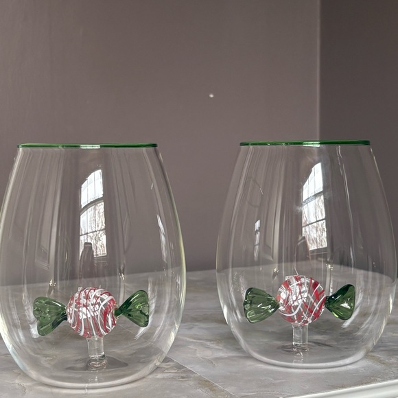 Set of Two Green and Red Candy Stemless Wine Glasses - Picture 4 of 5